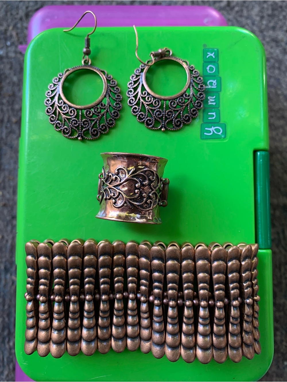 Antique Bronze Tone Filigree Hoop Earrings, Cuff Ring & Bracelet Set